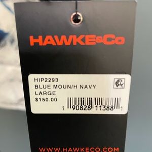 White, blue, and navy water resistant, thermal jacket.